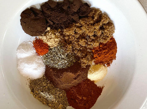 An overhead photograph of the ingredients for Peet's Major Dickasons coffee rub recipe