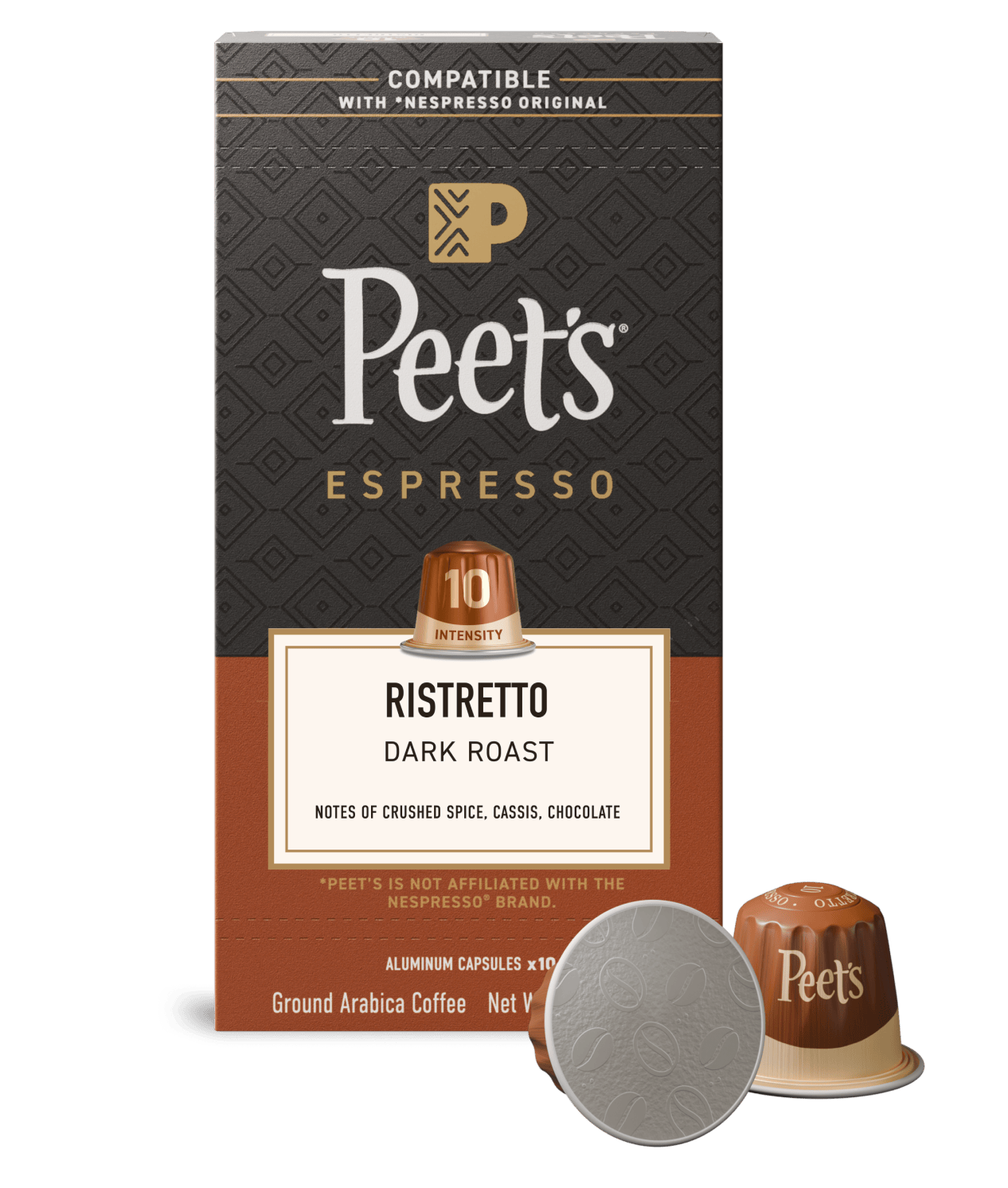 Peet's Espresso Ristretto coffee capsule packaging with a single capsule on a white background
